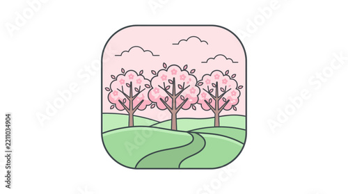 Stylized Spring Landscape with Blooming Trees and Winding Path