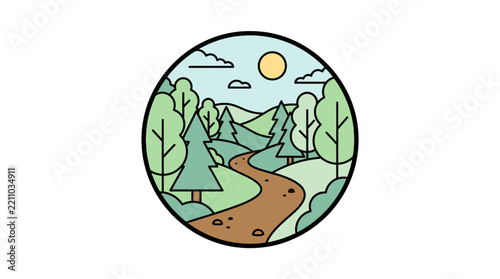 Stylized Winding Path Through Green Forest Hills