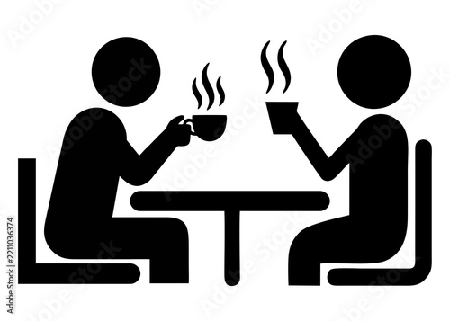 
A minimalist black silhouette vector icon depicting a person enjoying a hot cup of coffee while seated at a table