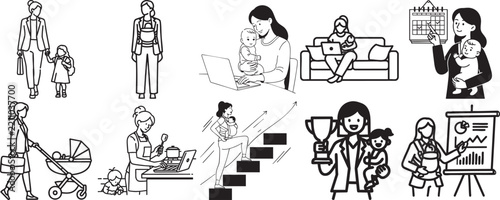 Set of black and white line art illustrations depicting diverse daily activities and lifestyle of a working mother with lifestyle