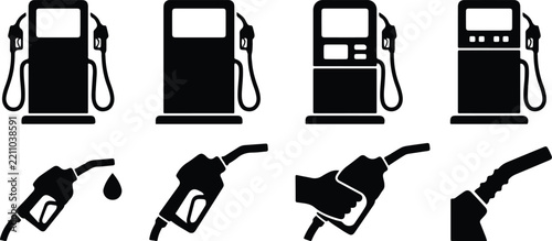 Collection of black gas station fuel pump and petrol nozzle icons isolated on white background for automotive energy refueling service design elements