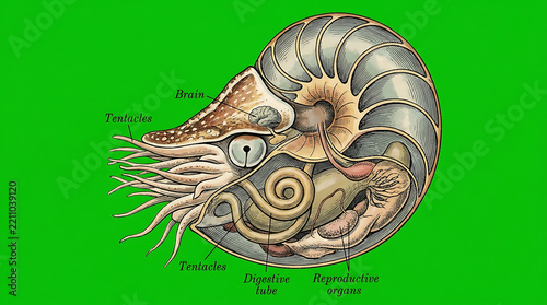 Detailed internal organ anatomy diagram of a common octopus for marine biology education