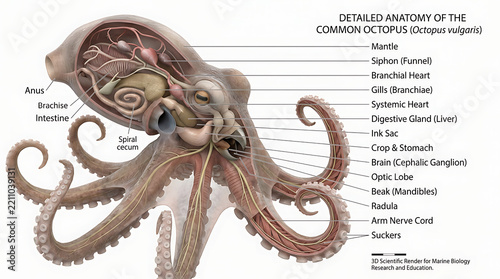 Detailed anatomical diagram of the common octopus showcasing internal organs, nervous system, and tentacle structure with descriptive text labels