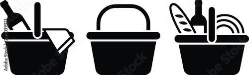 Collection of picnic basket icons, featuring wine bottles, bread, and rainbow illustrations, perfect for representing outdoor dining and celebratory events