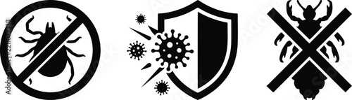 Vector Icon Set of Pest Control and Virus Protection Symbols Featuring Tick Prohibition Shield Defense and Insect Eradication Signs for Hygiene