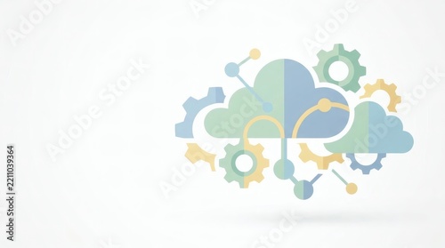 Fototapeta Cloud computing concept with data gears network node connections and software integration development