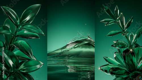 Emerald green glass leaves and crystal structures with water splash on a dark green background