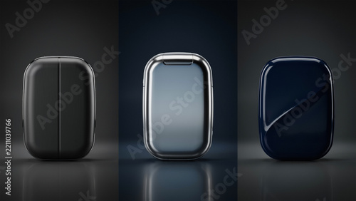 Three compact electronic cases in black, silver, and dark blue on a dark background