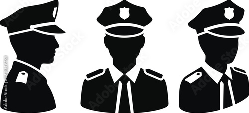 Black silhouettes of a police officer in uniform from different angles including front view side profile and three quarter perspective avatar icons