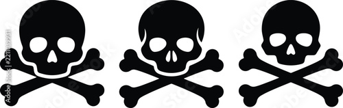 Set of three black skull and crossbones icons representing danger, poison, death, and piracy warning symbols isolated on white background