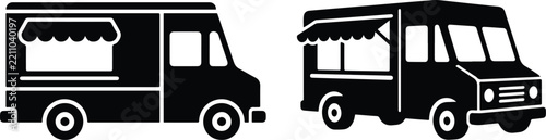 Vector silhouettes of classic food trucks and catering vans in black and white style for street food business and fast food concepts