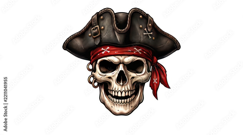 Naklejka premium A detailed pirate skull with hat and bandana, suitable for halloween themes