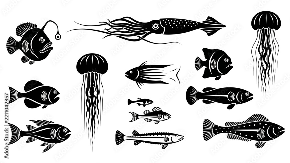 Obraz premium Collection of Marine Life Silhouettes: Fish, Squid, Jellyfish - Isolated Black Icons on Transparent Background