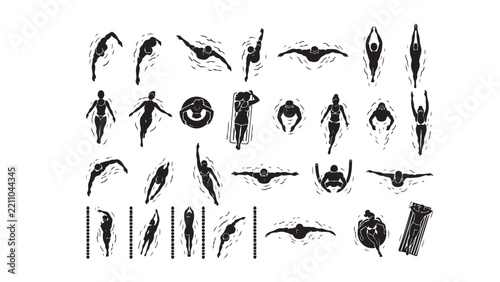 Swimming People Top View Silhouette Set