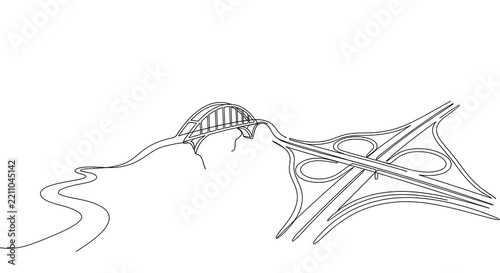 Continuous Line Art Bridge Highway Interchange Road Infrastructure Transportation Logistics Network Concept
