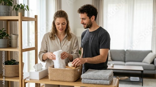 Young couple preparing household items for a clean and organized home environment together