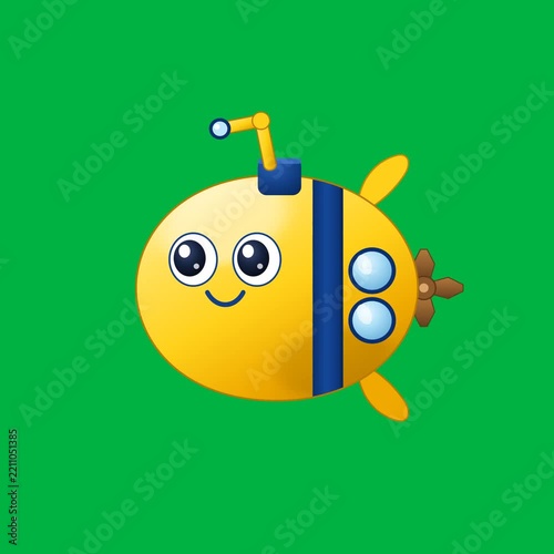 Cute Cartoon Yellow Submarine Floating on Green Screen
