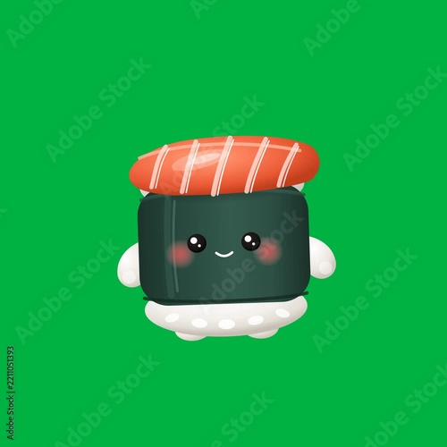 Cute Kawaii Salmon Sushi Character Floating on Green Screen