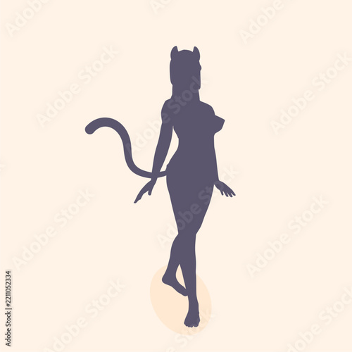 A graceful standing female silhouette with cat ears and a long curved tail. It suits costume, Halloween, carnival, party, cosplay, fantasy character, mystery, elegance and feline grace themes.