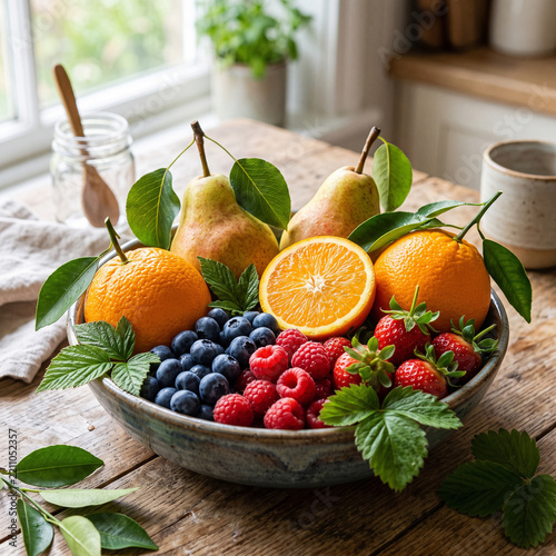 Fresh seasonal fruit bowl with citrus berries and pears on rustic