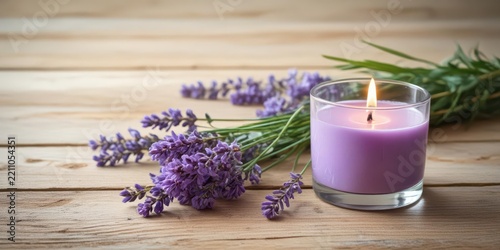 Soothing ambiance of a serene spa room with a calming lavender scented candle and a few sprigs of fresh lavender on a wooden table, ambiance, peaceful