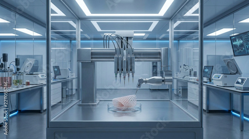 Robotic bioprinter system with needles in sterile glass chamber creates biomaterial model.