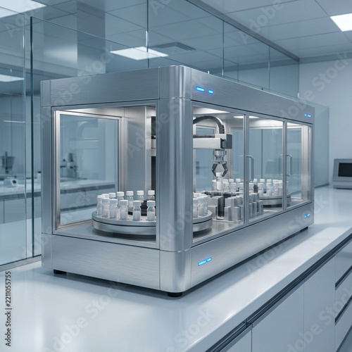 Automated laboratory analyzer with robotic arm processes medical vials in glass enclosure.