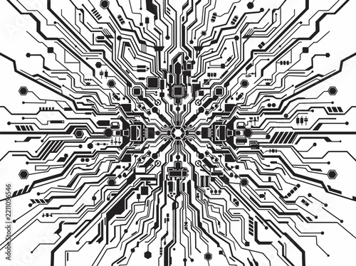 Futuristic Digital Circuit Network Silhouette in Black and White Vector Style