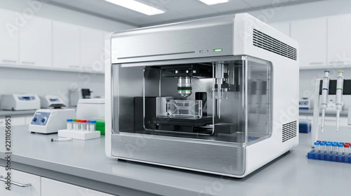 Advanced microfluidic diagnostic system on lab bench utilizes automated liquid handling.