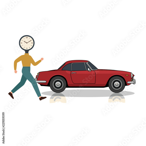 Surreal illustration of clock-headed person walking past vintage car
