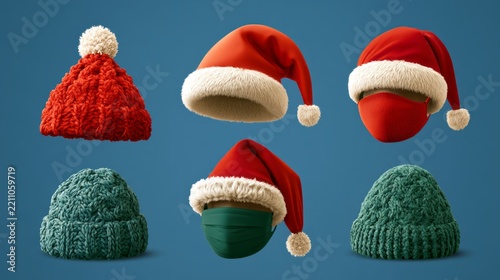 Collection of christmas santa claus hat and festive holiday mask 3d realistic vector icon set, knitted winter hats and seasonal celebration accessories isolated on background