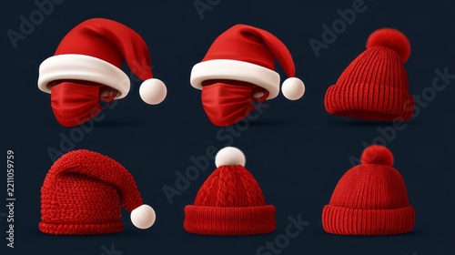 Collection of christmas santa claus hat and festive holiday mask 3d realistic vector icon set, knitted winter hats and seasonal celebration accessories isolated on background