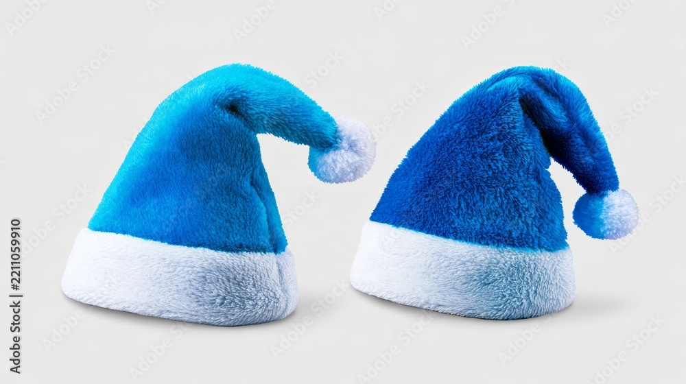Fototapeta premium Cyan and blue christmas hats set isolated on white background, festive winter holiday santa caps collection for christmas celebration, seasonal decoration, party costume and new year concept
