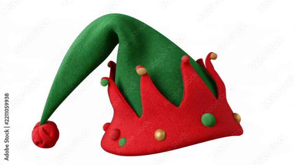 Naklejka premium Festive green and red elf hat with decorative details isolated on transparent background, whimsical christmas holiday headwear for seasonal celebrations, winter party costume accessory and merry new y