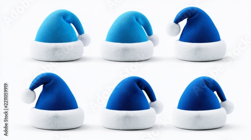 Cyan and blue christmas hats set isolated on white background, festive winter holiday santa caps collection for christmas celebration, seasonal decoration, party costume and new year concept