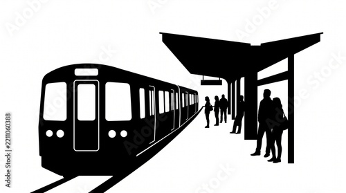 Black silhouette of passengers waiting for a train at an outdoor railway station