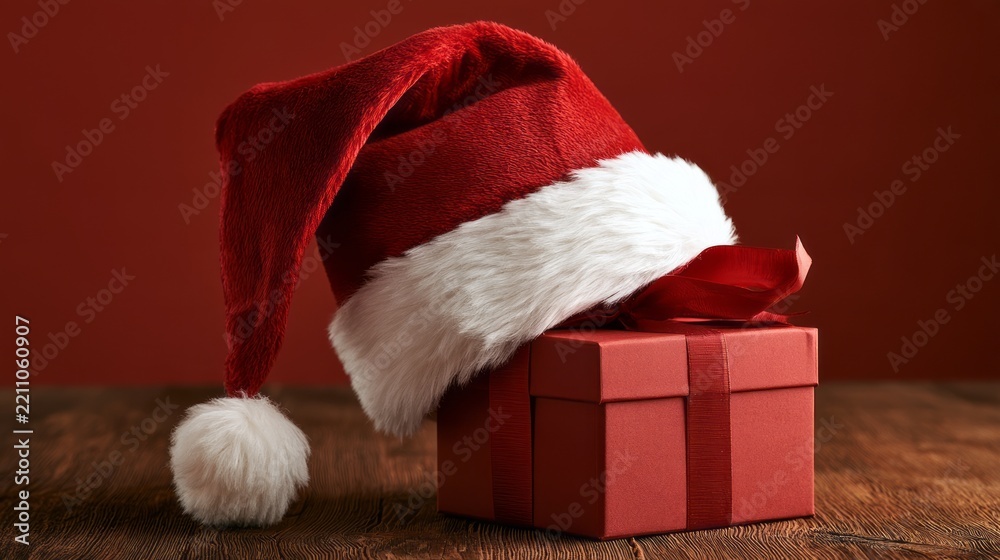 Fototapeta premium Santa claus hat with christmas gift box, festive holiday decoration for seasonal celebration, winter christmas concept with traditional red hat and wrapped present