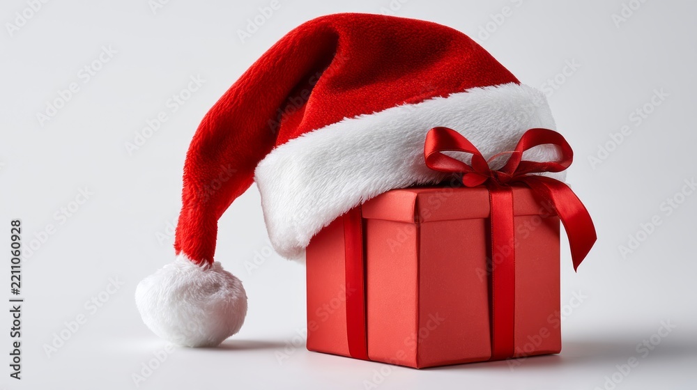Fototapeta premium Santa claus hat with christmas gift box, festive holiday decoration for seasonal celebration, winter christmas concept with traditional red hat and wrapped present