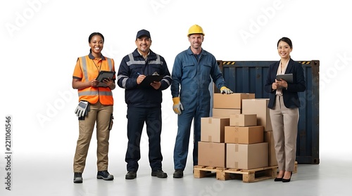 Diverse logistics team standing with shipping containers and cardboard boxes on a white background