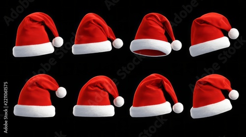 Set of red santa claus hats isolated on white background, festive christmas holiday headwear collection for winter celebrations, party decorations, greeting cards, seasonal designs and new year concep