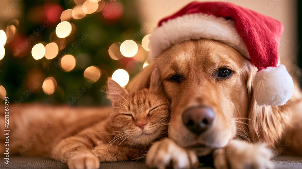 Fototapeta premium Red cat and golden retriever wearing festive red santa hats with pompons, celebrating christmas together against warm glowing holiday lights, cozy winter celebration, joyful seasonal companionship and
