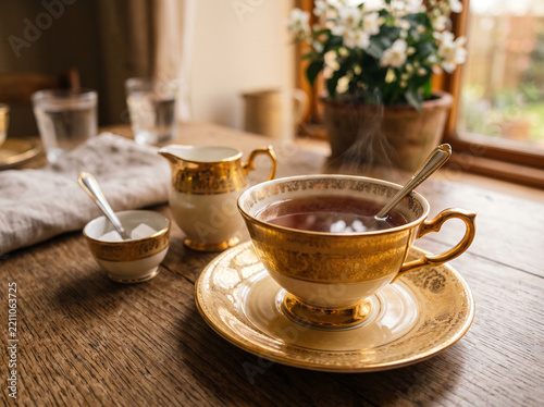 Elegant vintage tea set on wooden table with steam rising for cozy