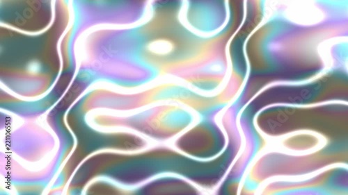 Iridescent holographic liquid flow, pastel pink cyan gold gradient, seamless 4K loop