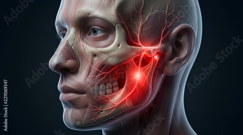 Close-up human face anatomy showing trigeminal nerve pain.