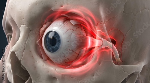 Close up of human eye anatomy with red inflammation.