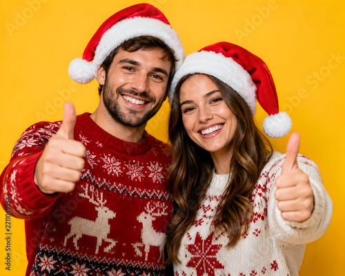 Happy couple wearing christmas hats giving thumbs up