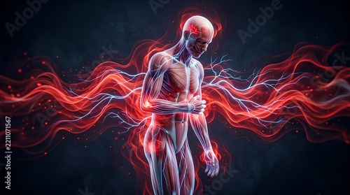 Anatomical human figure with chest and muscle pain energy.