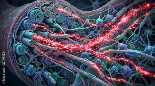 Close up of neural pathways and glowing synapses.