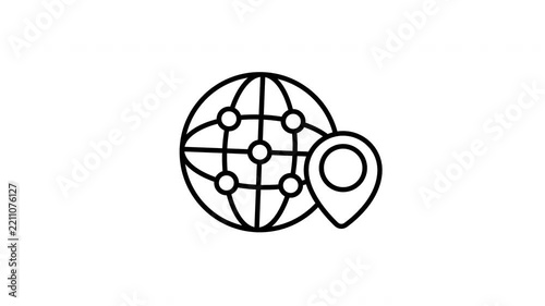 Network Globe with Location Pin Outline Icon on White Background