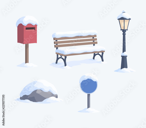 Snow Covered Outdoor Objects and Winter Elements